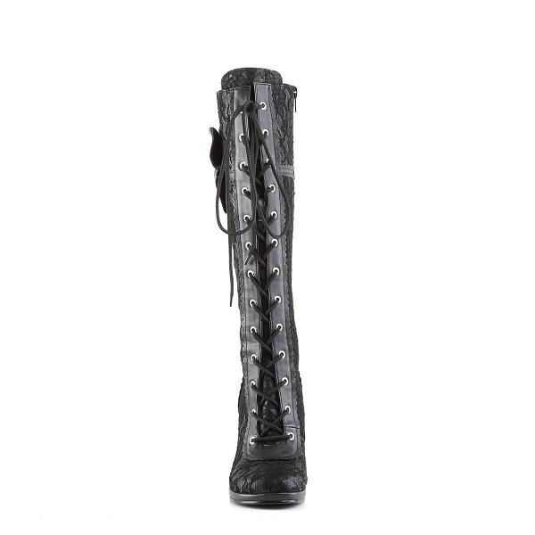 Demonia Glam-240 Black Vegan Leather/Black Lace Overlay Stiefel Herren D793-204 Gothic Kniehohe Stiefel Schwarz Deutschland SALE